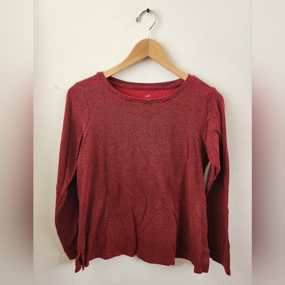 J. Jill‎ Long Sleeve Pima Crew Neck Tee Red Black Chevron Cotton Small